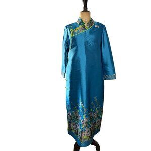 Vintage Qipao Cheongsam Sheath Maxi Dress Floral Print Embellished Womens Blue